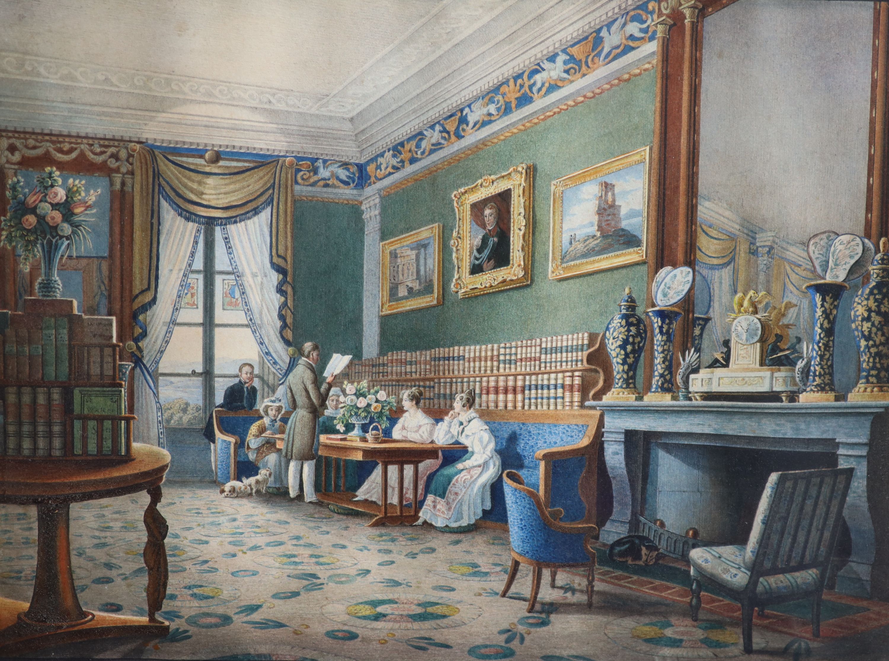 Early Victorian School , Library interior with gentleman reading to onlookers and ornate clock and vases upon the hearth, watercolour on paper, 24 x 33cm